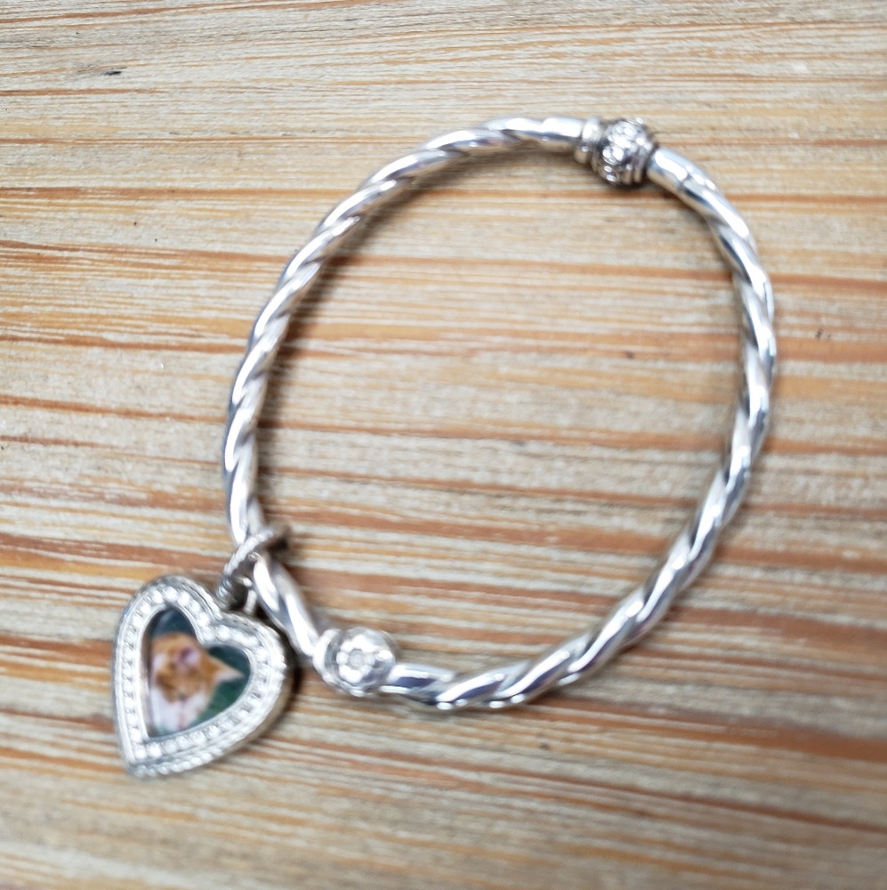Brighton Twisted Bangle Charm Bracelet Crystals and Heart Photo Locket Charm